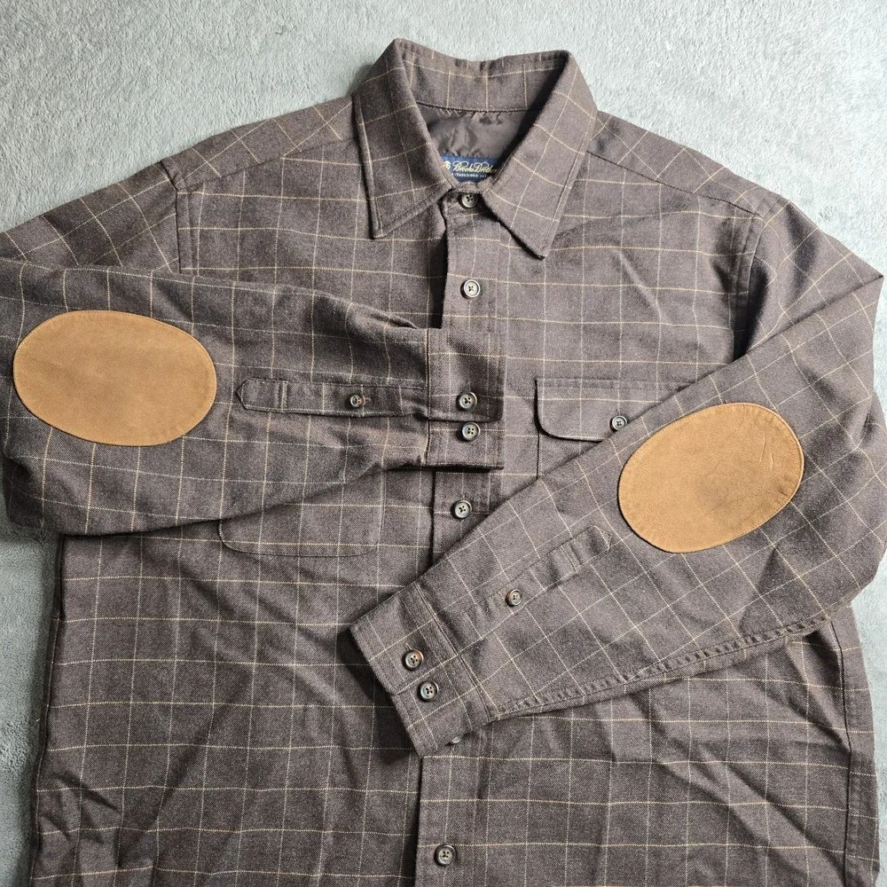 Brooks Brothers Worsted Wool Shirt Mens Large Brown Check L/S Elbow Patches